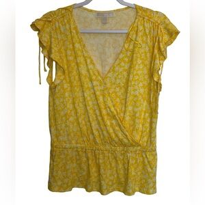 NWOT Michael Kors Yellow Floral Wrap-Style Blouse L